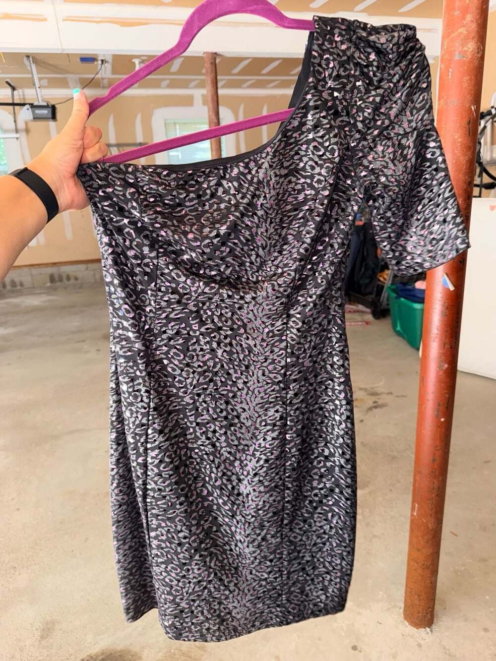 Ruby Rox One-Shoulder Dress Size M Grey Black Metallic Animal Print